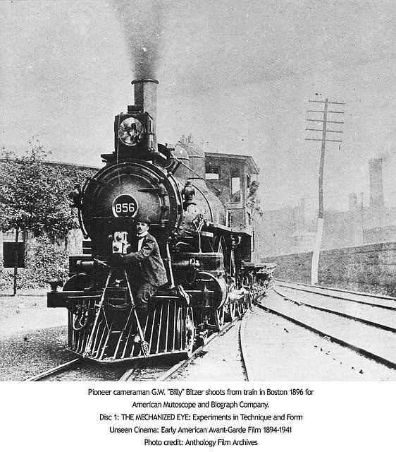 安在铁路轨道平板车上的Mutoscope摄影机